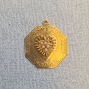 Gold Octagonal Pendant With Heart & Pearl Accent "You Are Always In My Heart"